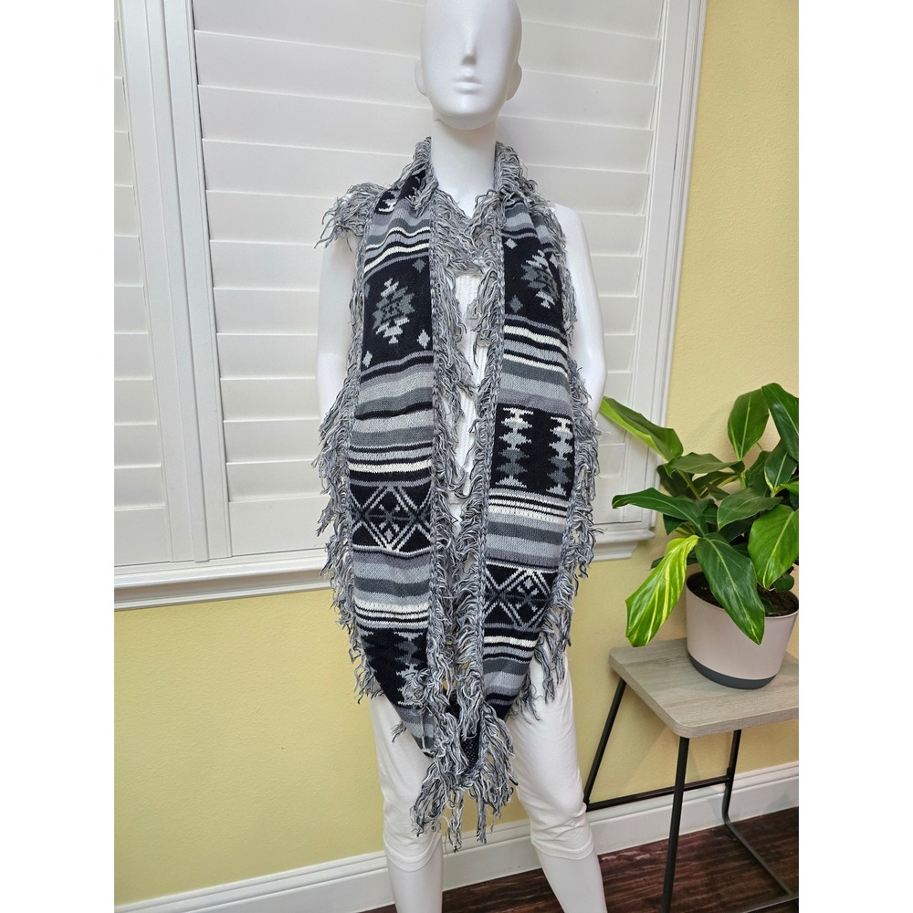 Muddy Gray Knit Fringe Y2K 90s Cottage Tribal Infinity Scarf OSFM